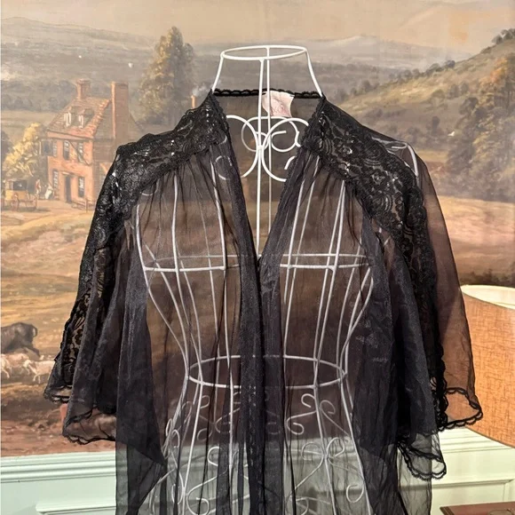 Vintage Sheer Black Lace Robe Sears Just For Women Gothic Lingerie Boudoir 1X